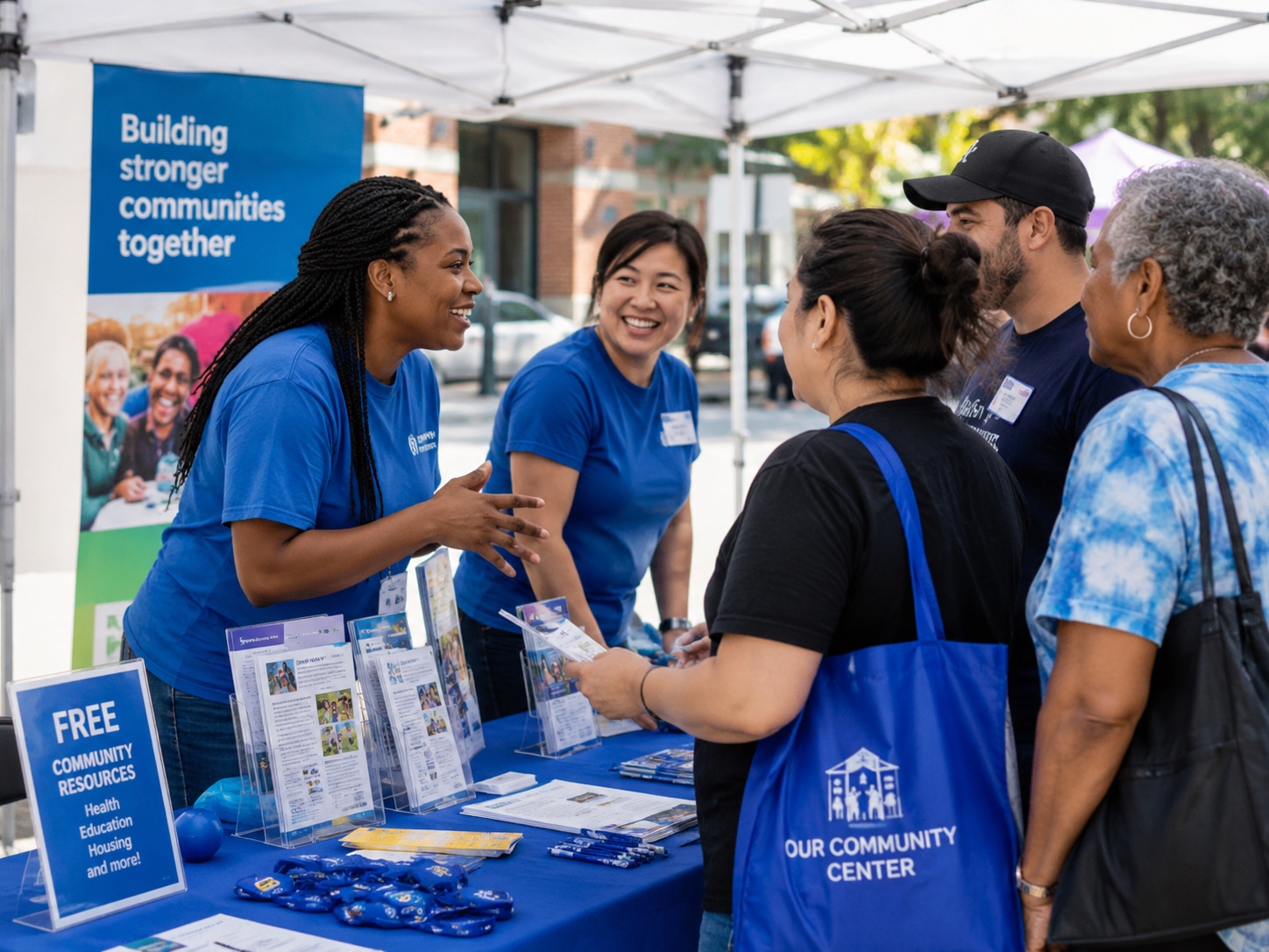 Community outreach booth with volunteers